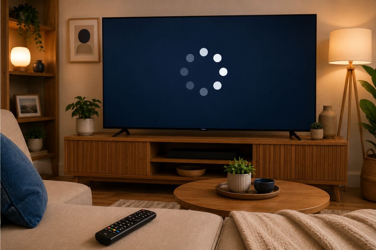 TV screen frozen while streaming Pluto TV in a living room