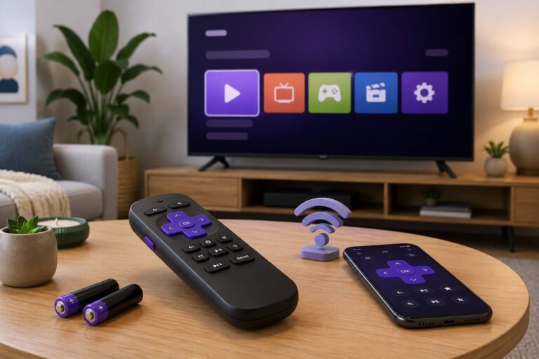 Roku-style remote on a table with batteries and a phone nearby for troubleshooting.