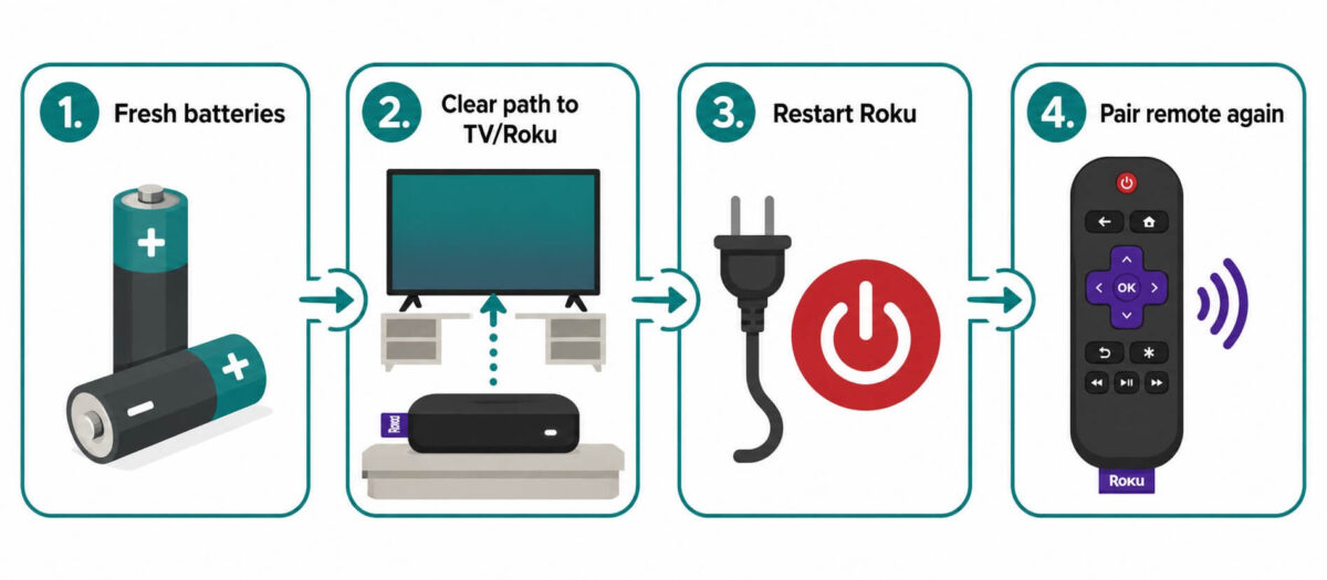 Four-step Roku remote troubleshooting infographic showing fresh batteries, a clear path to the TV or Roku, restarting the Roku, and pairing the remote again.