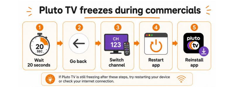 Troubleshooting steps for Pluto TV freezing during commercials