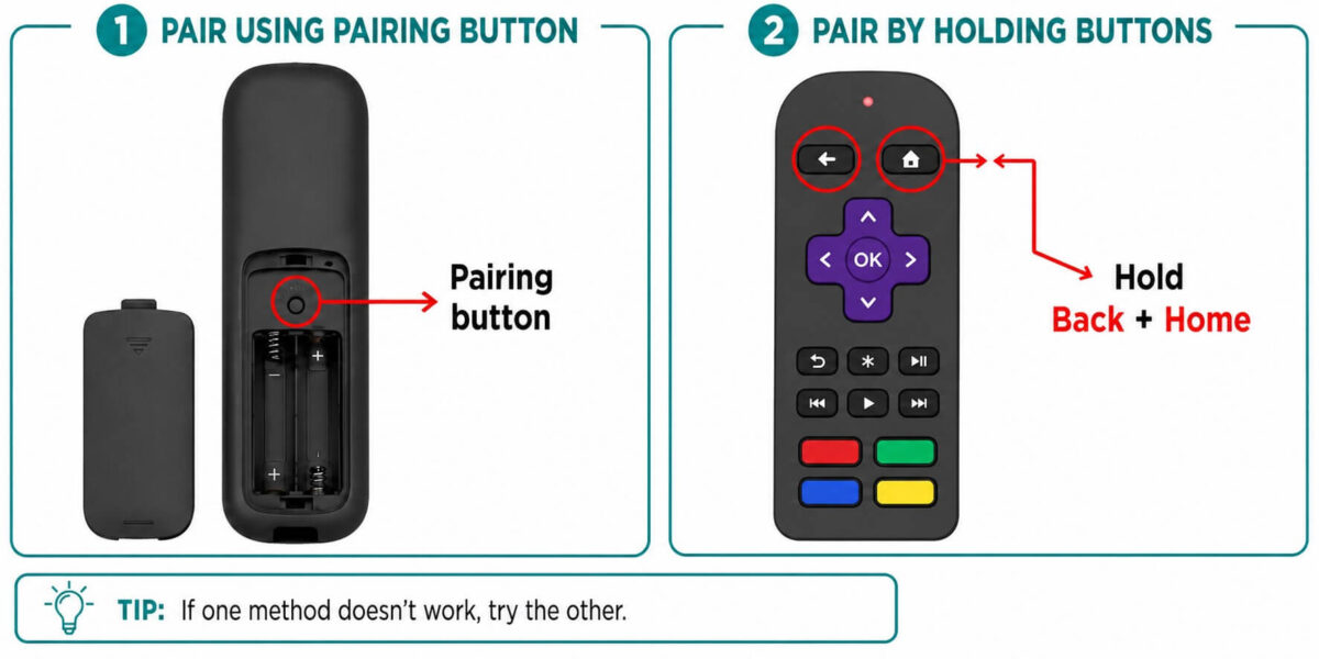 Infographic showing two ways to pair a streaming remote: press the pairing button inside the battery compartment or hold the Back and Home buttons.