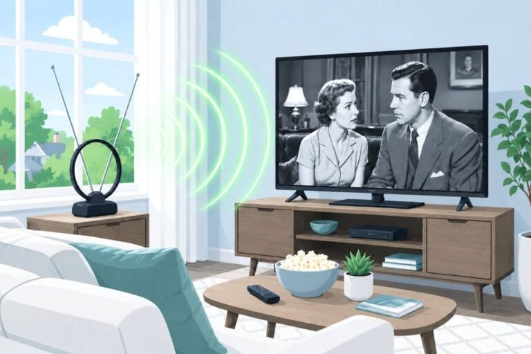 Vector-style living room with an indoor antenna by a window sending green signal waves to a flat-screen TV showing a black-and-white classic TV scene.