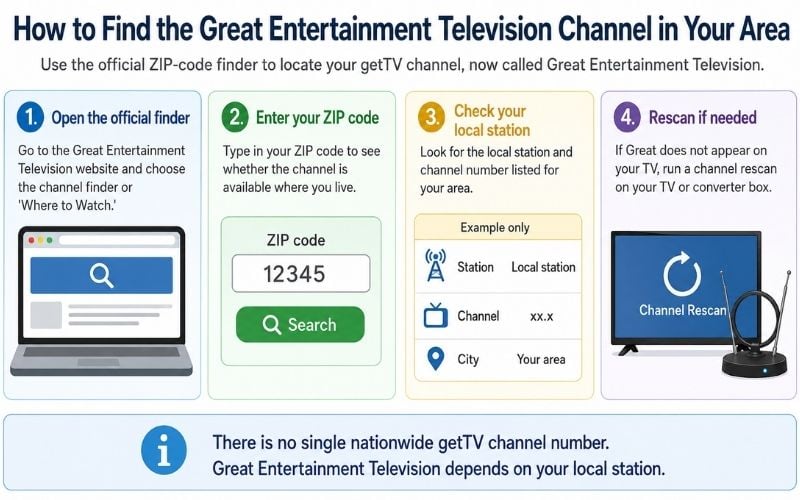 How to find the Great Entertainment Television channel using the official ZIP-code finder and a TV channel rescan.