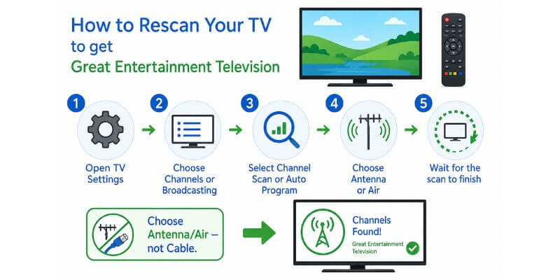 Steps to rescan a TV for Great Entertainment Television using Antenna or Air mode.