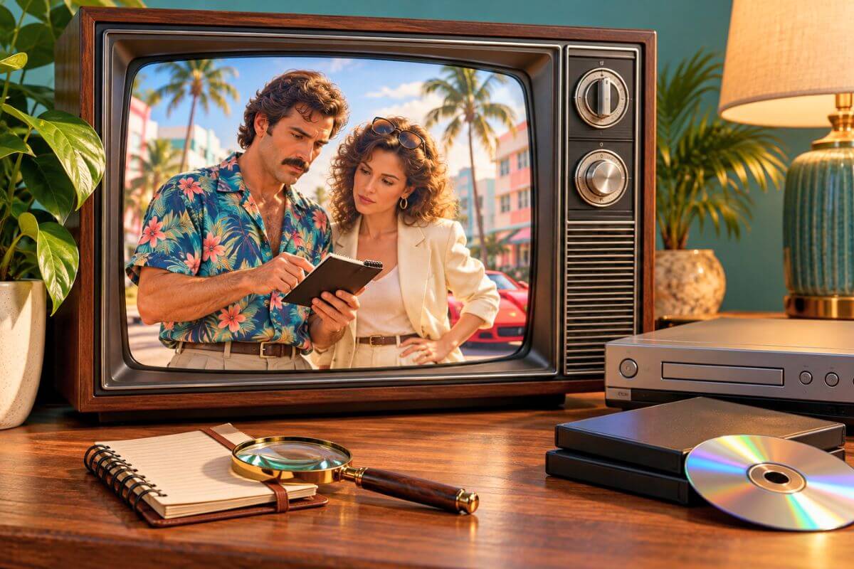 Two 1980s-style detectives on a retro TV screen, with a DVD player and DVD cases beside it.