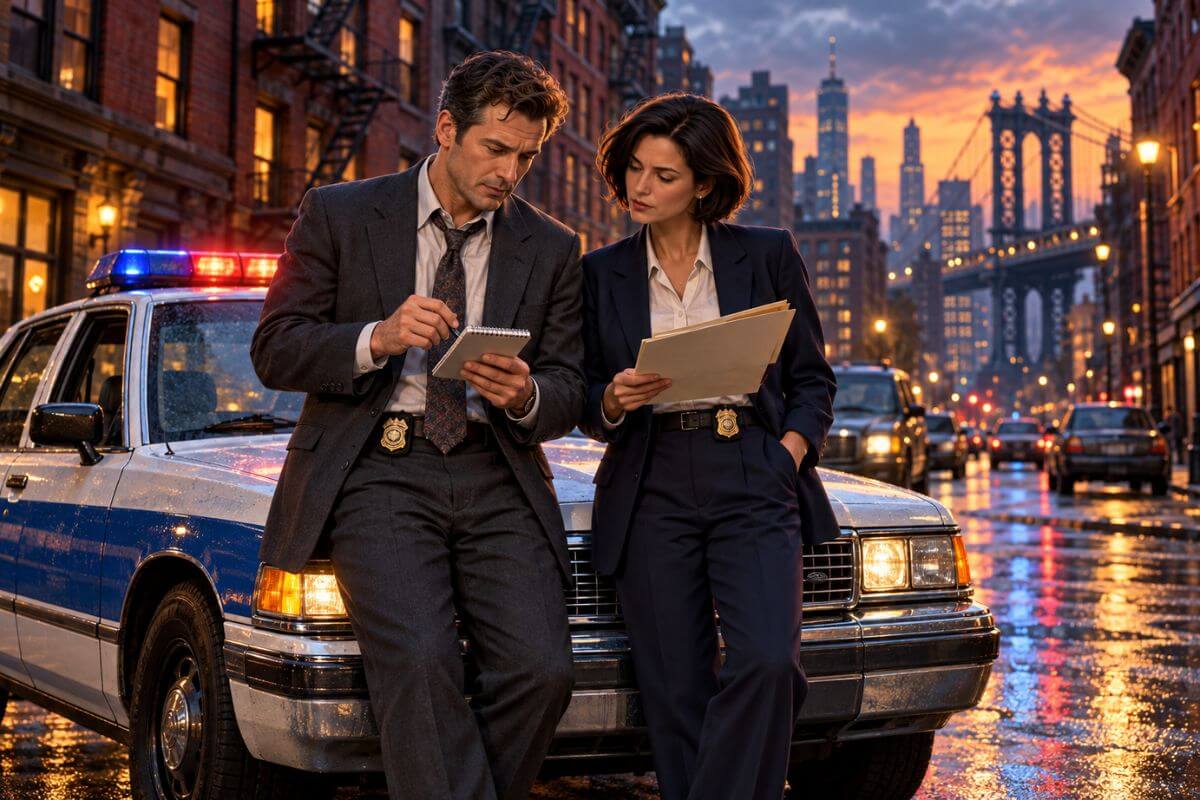 Two detectives review case notes beside a 1990s police car on a city street.