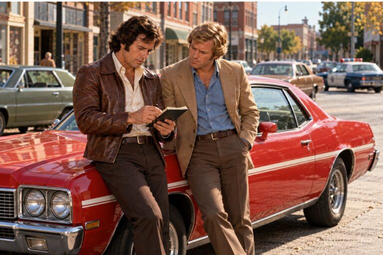 Two detectives in 1970s clothing review case notes beside a red car on a city street.