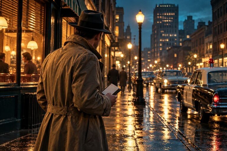 Private detective in a trench coat holding a notebook on a rain-soaked 1960s city street with vintage police cars.